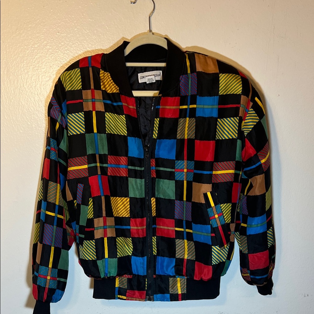 80s Vintage Colorful Multicolor Check Silk Plaid Bomber Jacket Small Medium